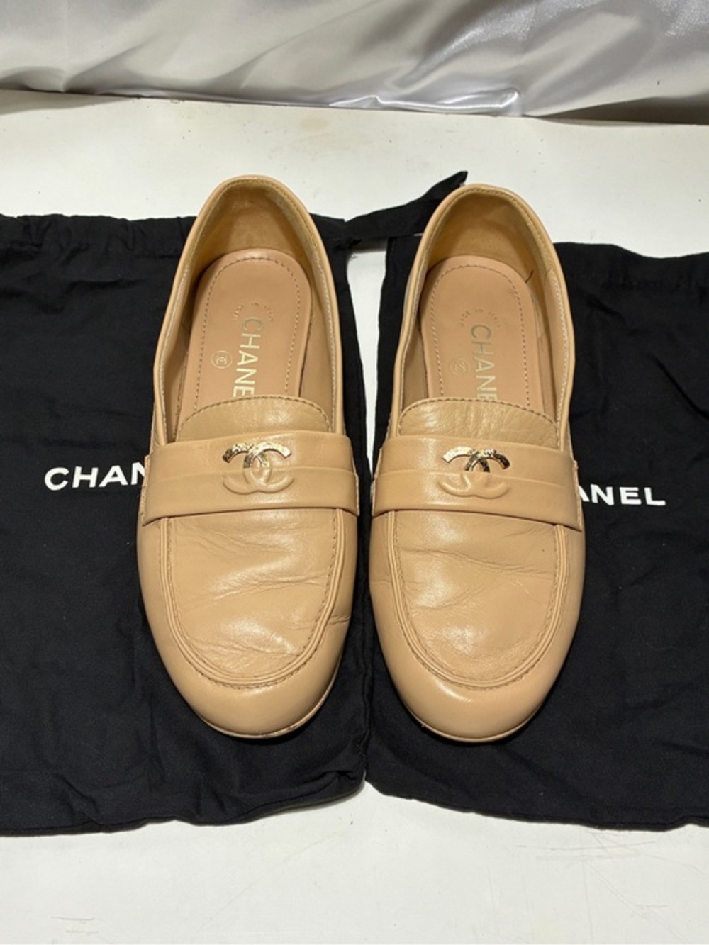 CHANEL Tan Leather CC Logo Penny Loafers